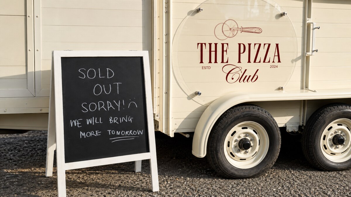A sold-out A-frame sign beside The Pizza Club trailer at a pop-up